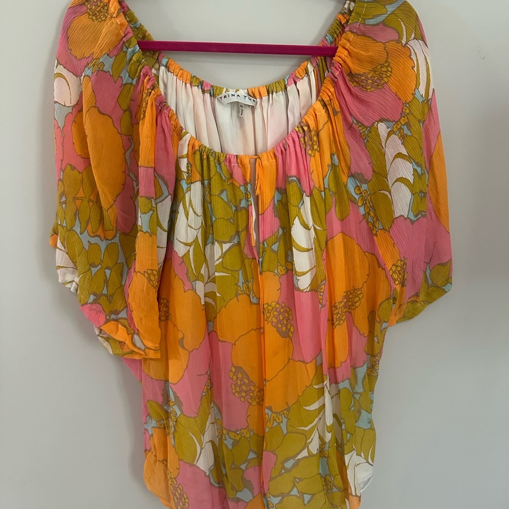 Trina Turk Floral Women's Top Blouse Pink, Orange, Green XL flowy lined boutique